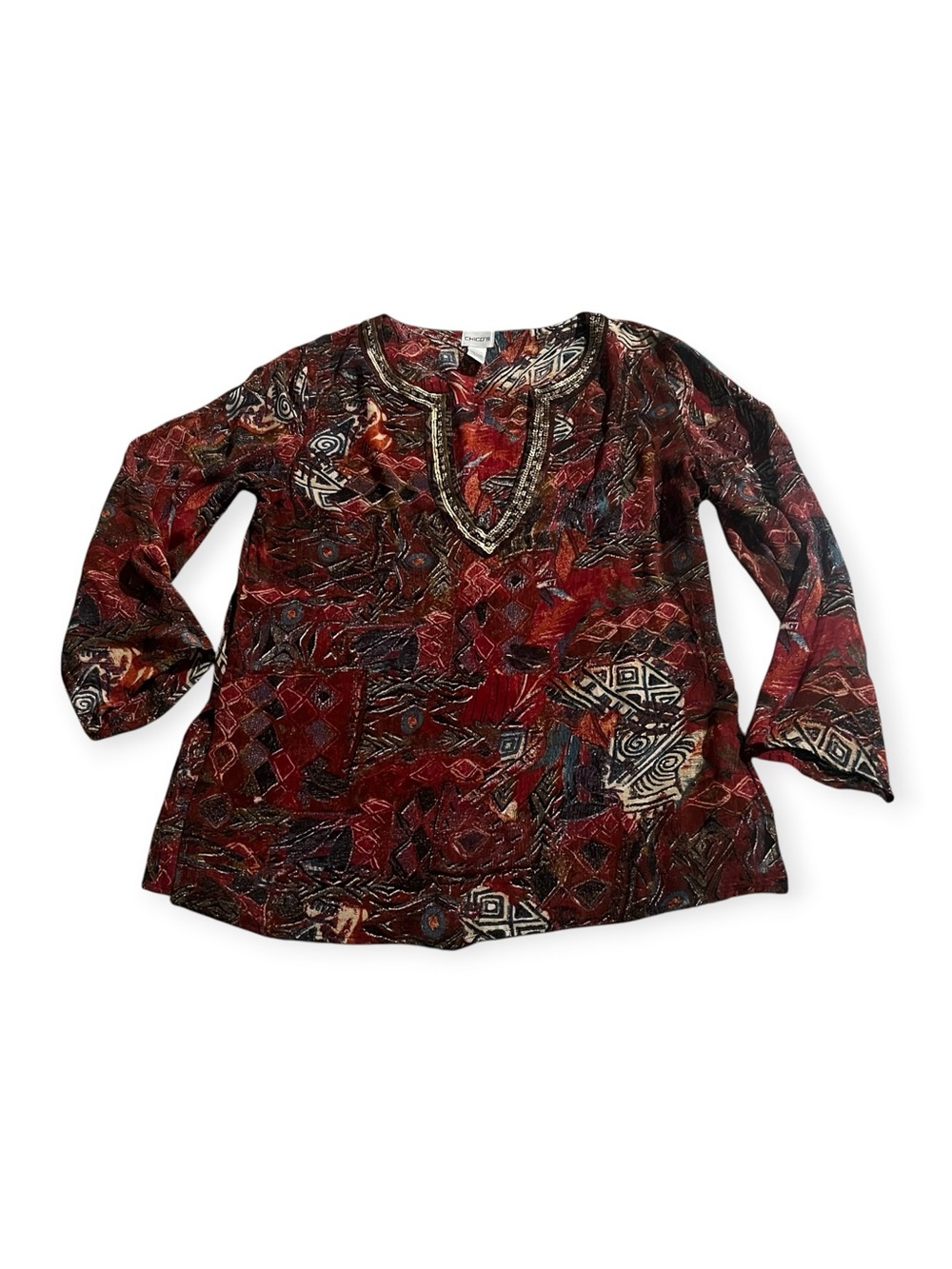 Chicos Sequin Neck Tunic Top
 Earth Tone Abstract Art
To Wear Casual Size 1